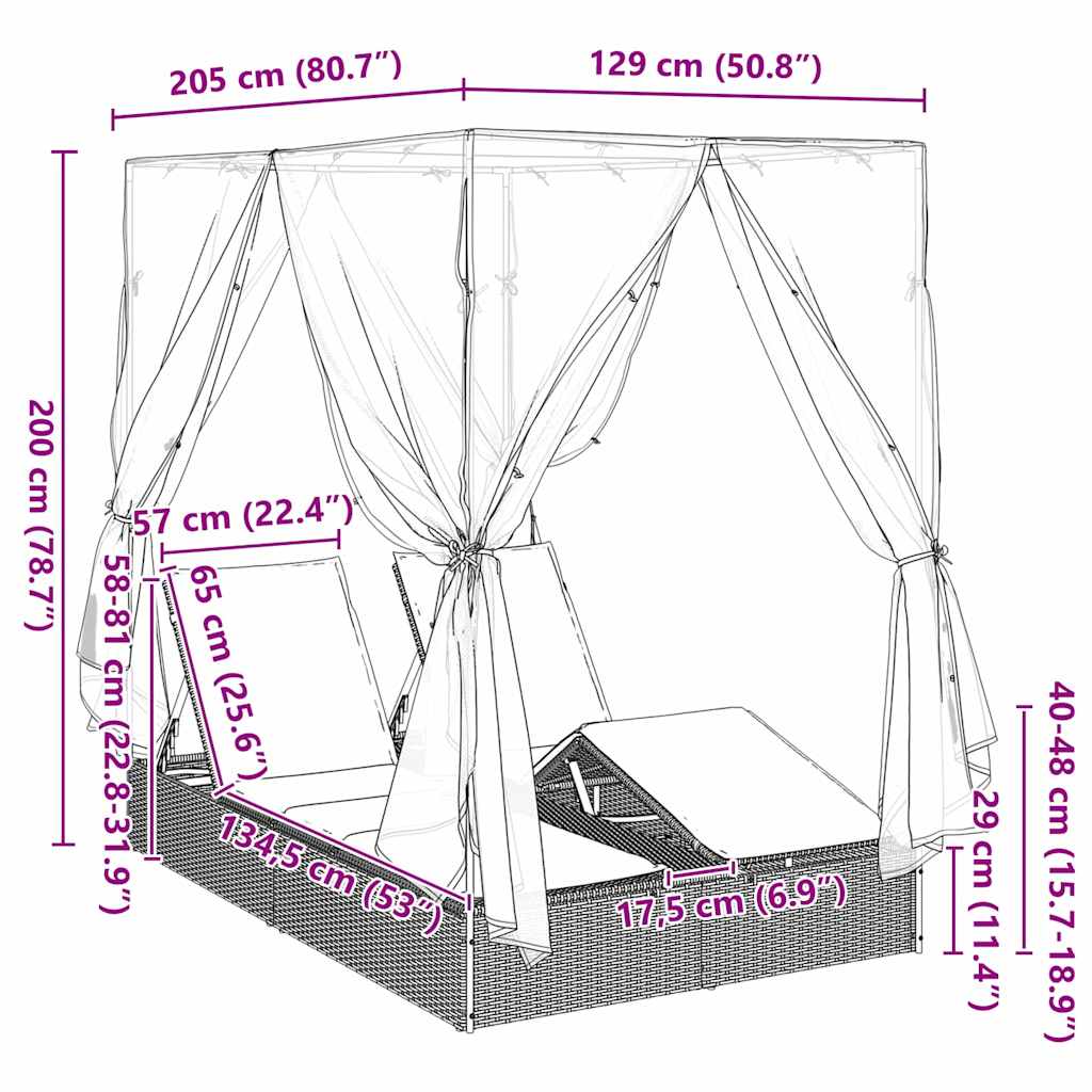 vidaXL Διπλή ξαπλώστρα με οροφή Καφέ 205 x 129 x 200 εκ PE ρατάν