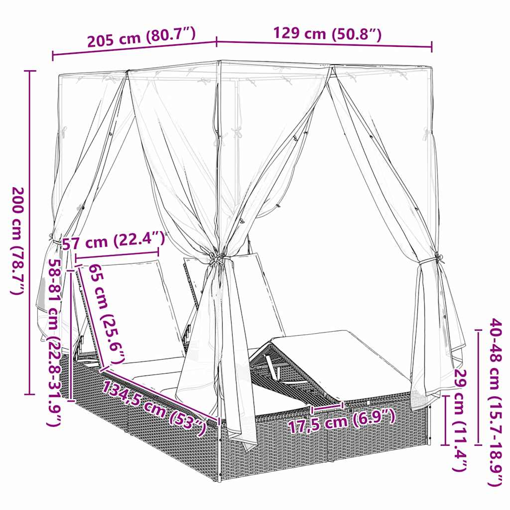 vidaXL Διπλή ξαπλώστρα με οροφή Καφέ 205 x 129 x 200 εκ PE ρατάν
