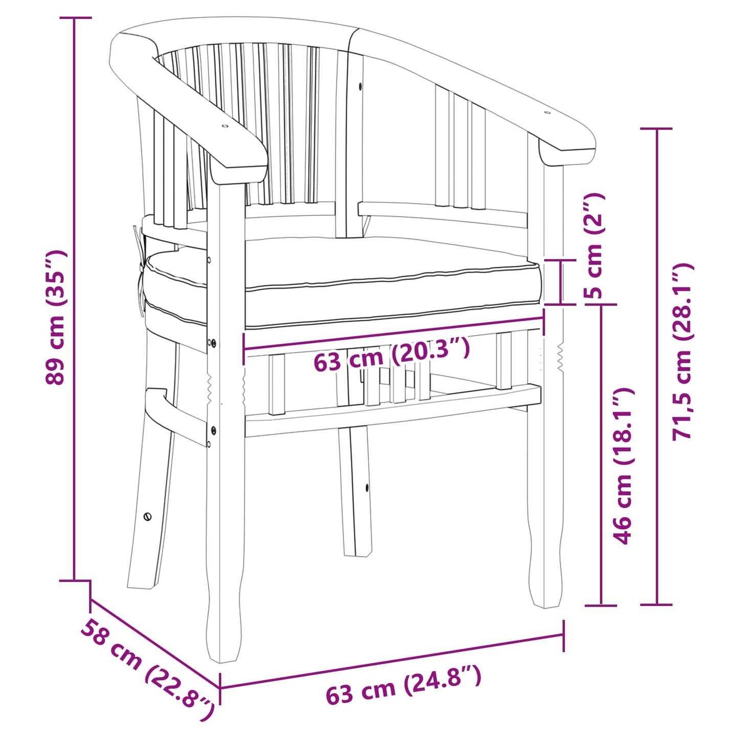 vidaXL Καρέκλα 2 pcs Καφέ 63 x 58 x 89 εκ. Στερεό Ξύλο Τίκ
