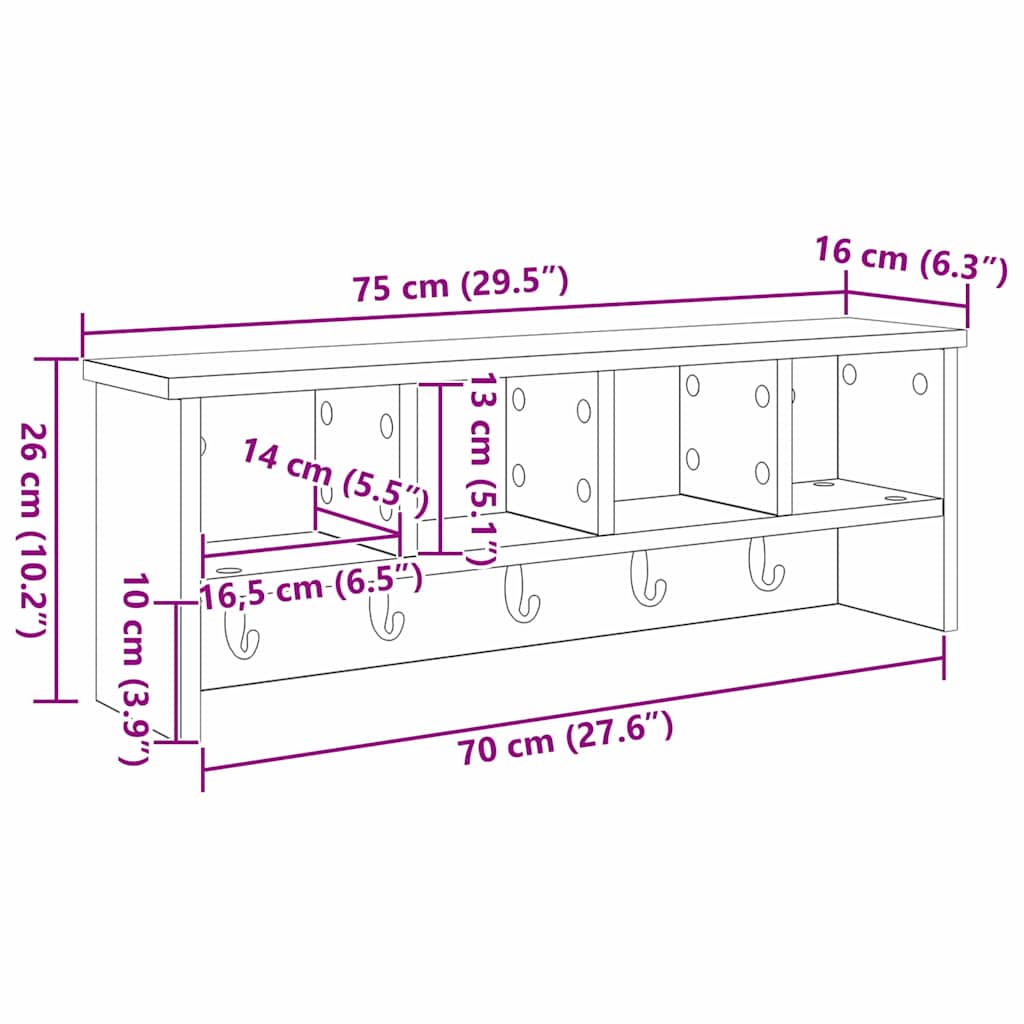 vidaXL Τοίχου Κρεμάστρα Επιτοίχιο Artisan Oak 75 x 16 x 26 εκ