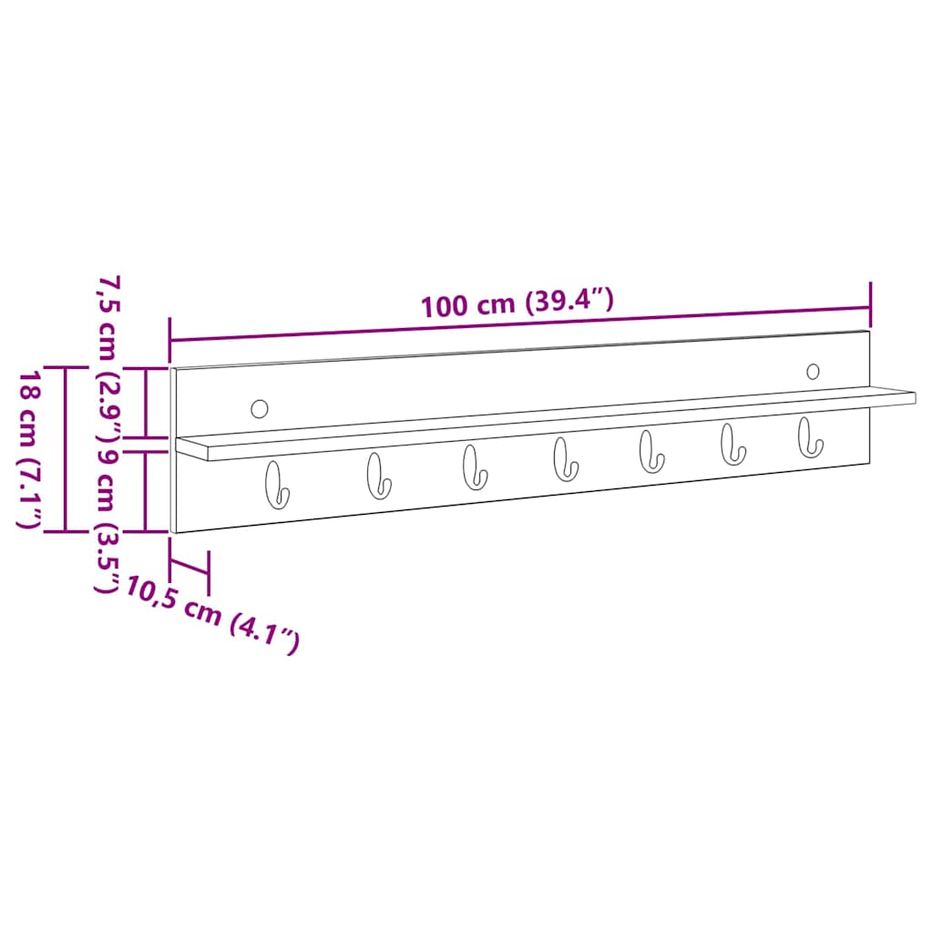 vidaXL Τοίχου Κρεμάστρα Επιτοίχιο Δρύς Sonoma 100 x 10,5 x 18 εκ