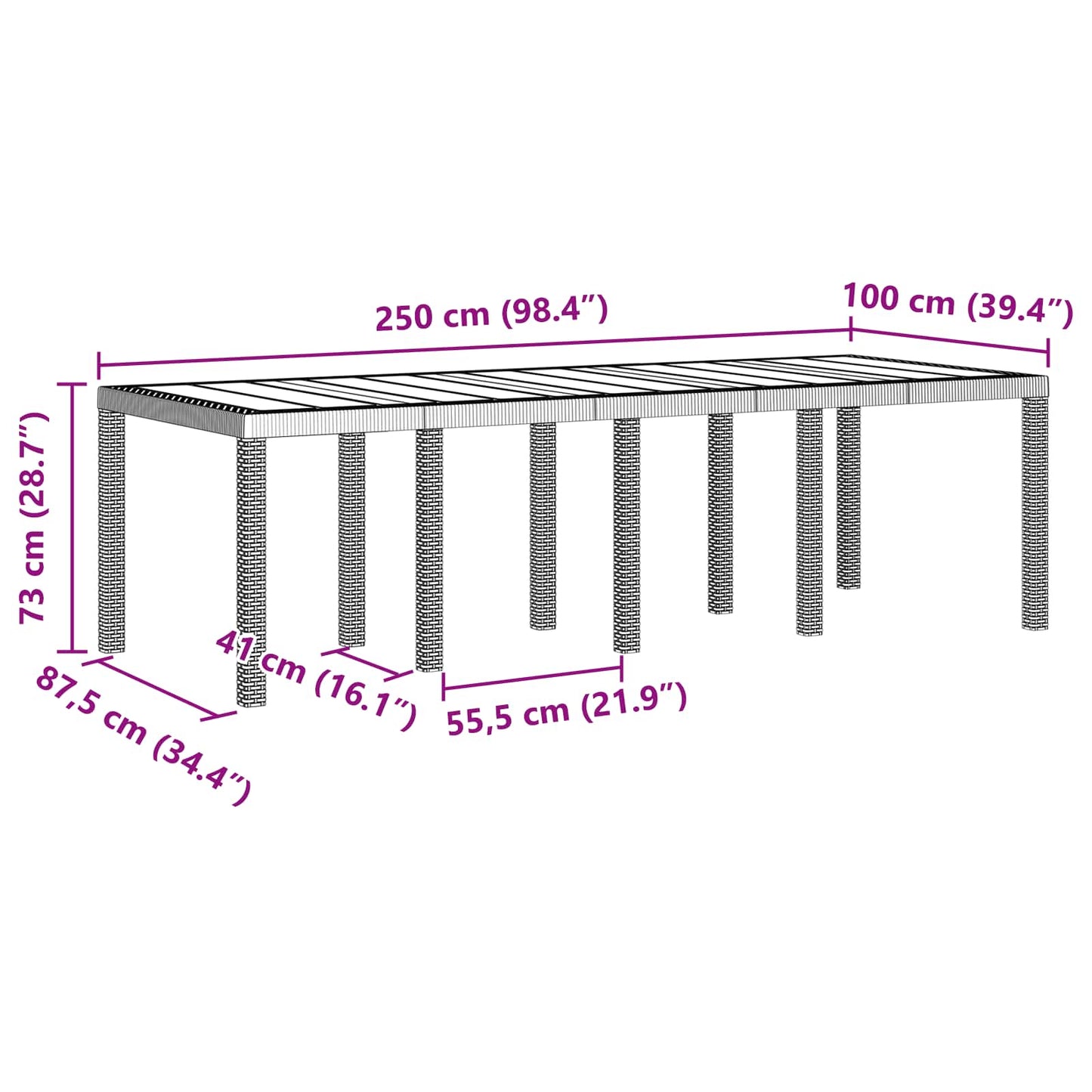 vidaXL Τραπέζι Κήπου Ανθρακί 250 x 100 x 73 εκ συνθετικό ρατάν