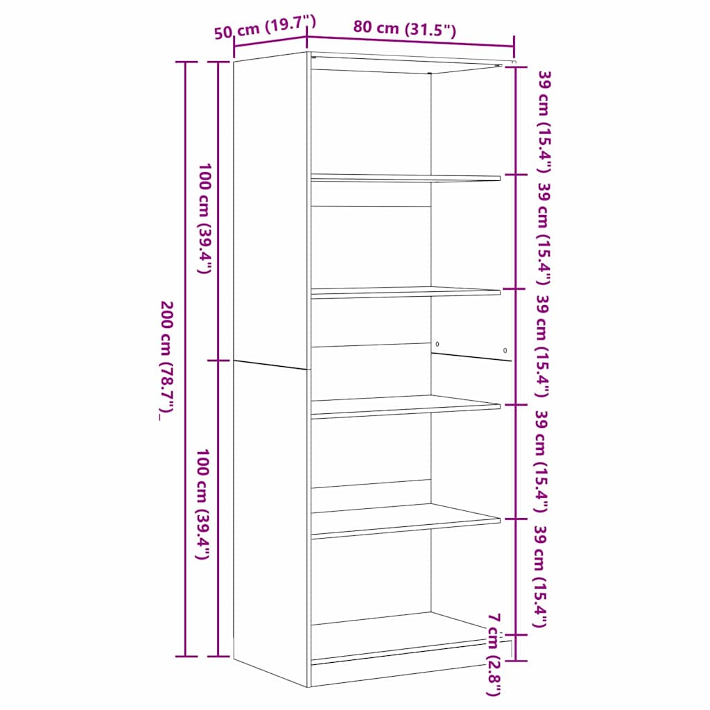 vidaXL Ντουλάπι Μαύρη Δρυς 80 x 50 x 200 εκ. Επεξεργασμένο ξύλο