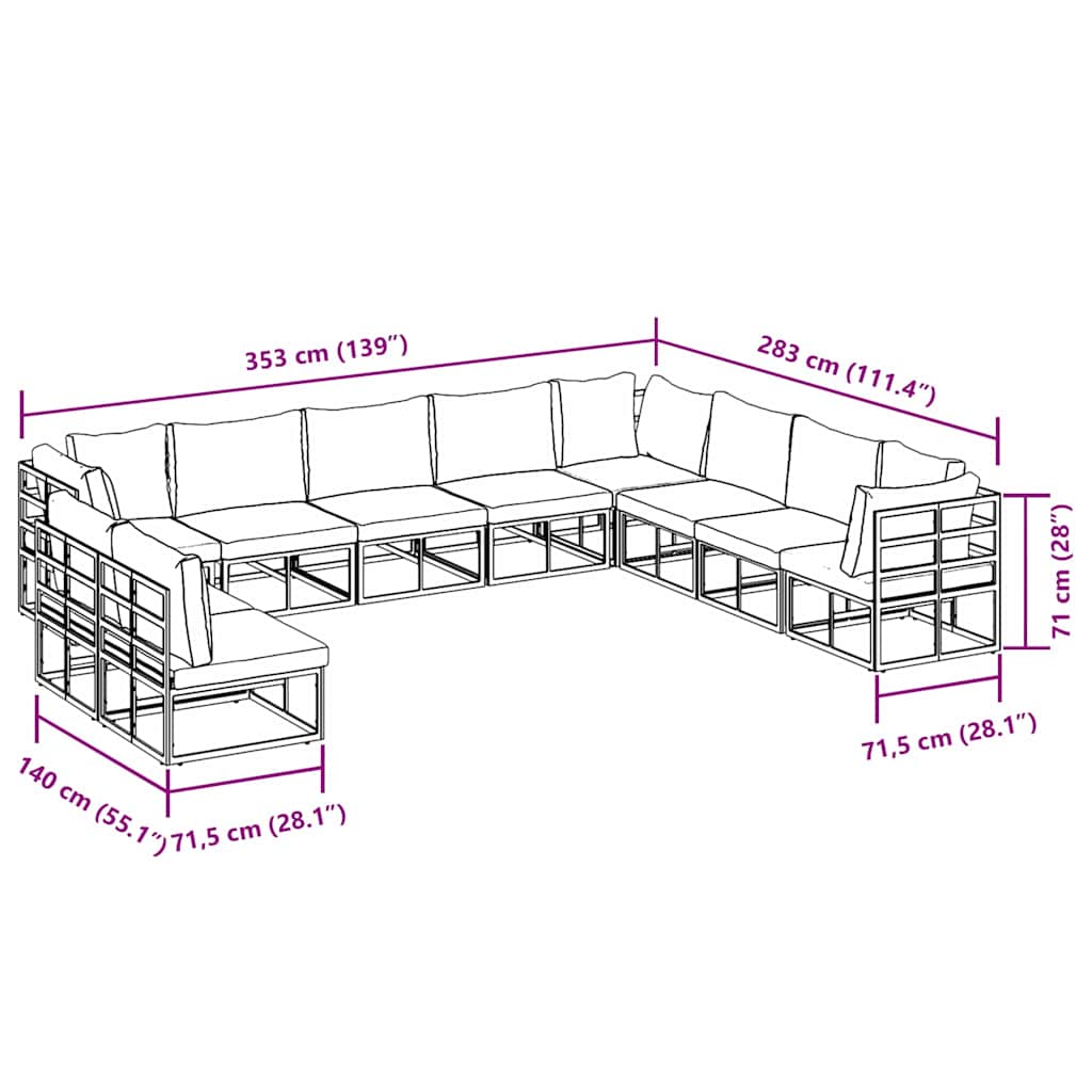vidaXL Σετ Καναπέ Κήπου 10 pcs Μαύρο 353 x 283 x 71 εκ. Αλουμίνιο