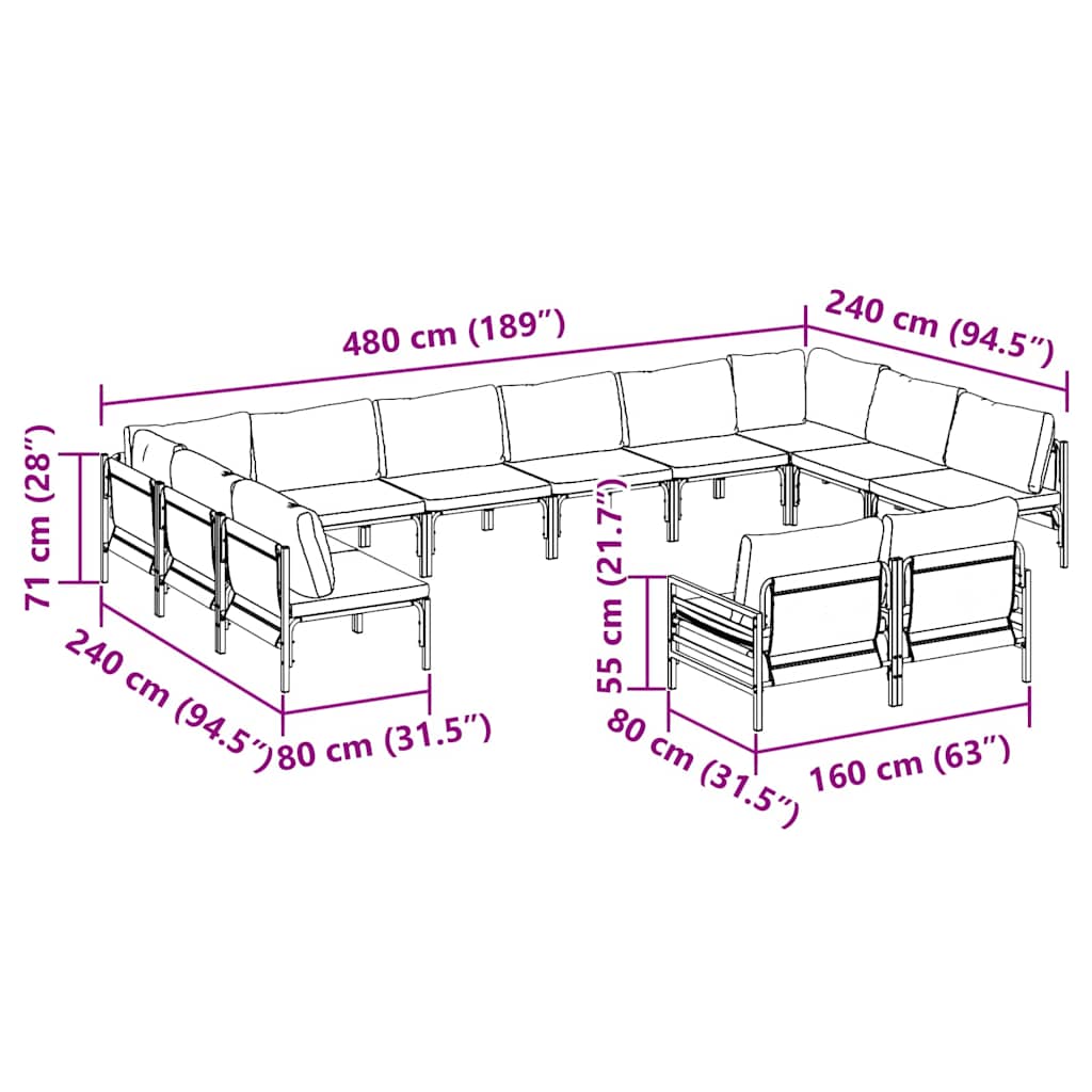 vidaXL Σετ Καναπέ Κήπου 12 pcs Ανθρακί Ατσάλι