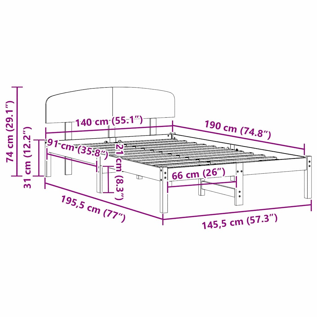 vidaXL Σκελετός Κρεβατιού Καφέ 140 x 190 cm Μασίφ ξύλο πεύκου
