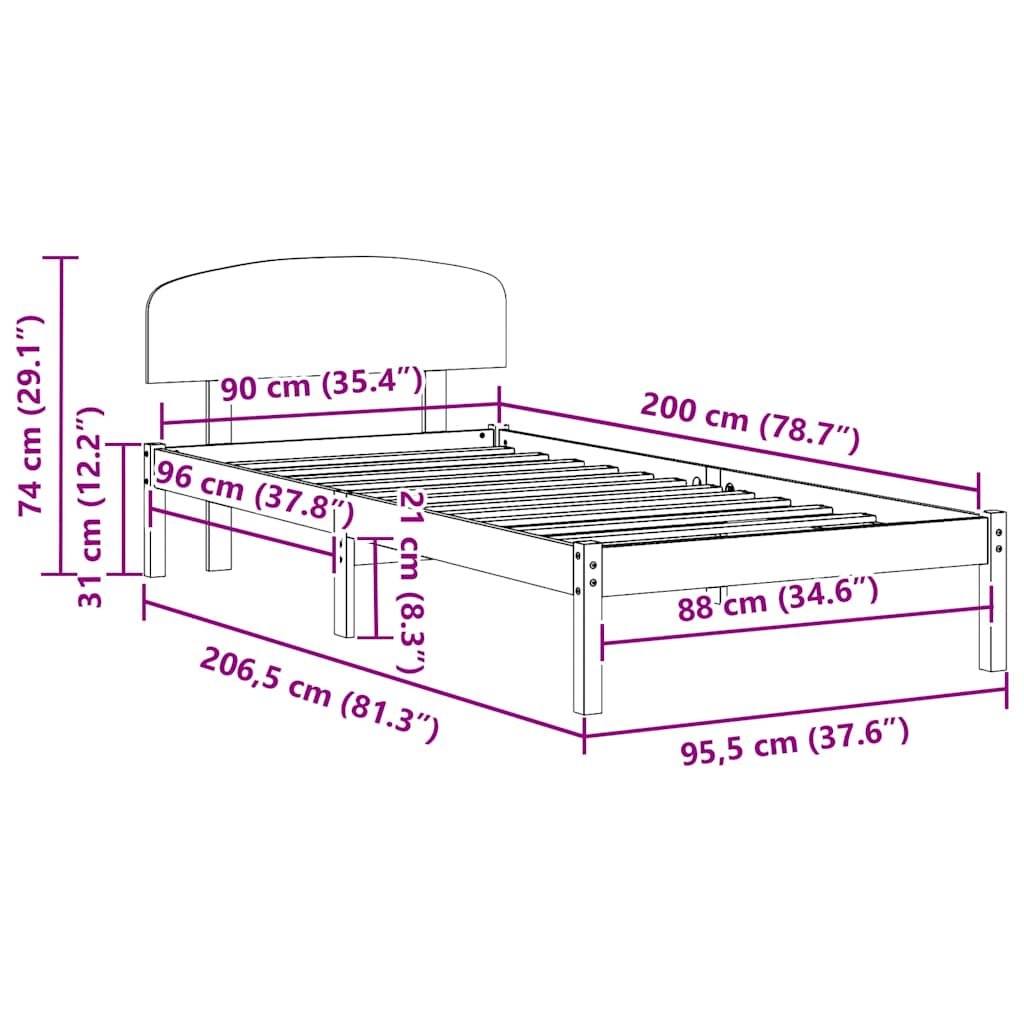 vidaXL Σκελετός Κρεβατιού Καφέ 90 x 200 cm Μασίφ ξύλο πεύκου
