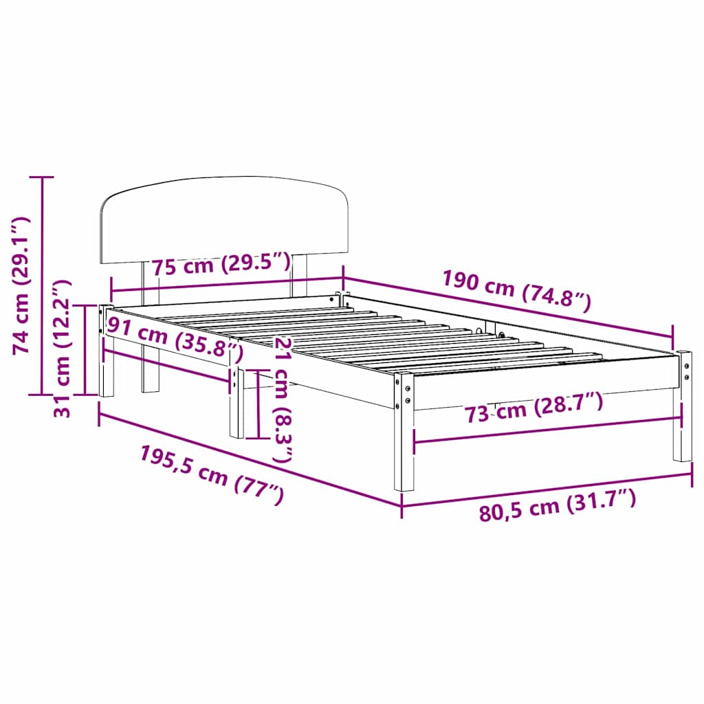 vidaXL Σκελετός Κρεβατιού Λευκό 75 x 190 cm Μασίφ ξύλο πεύκου