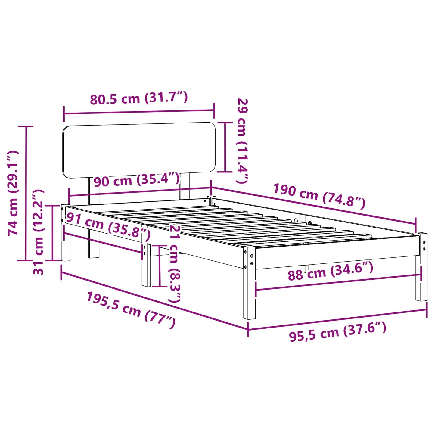 vidaXL Σκελετός Κρεβατιού με κεφαλάρι Φυσικό 90 x 190 cm