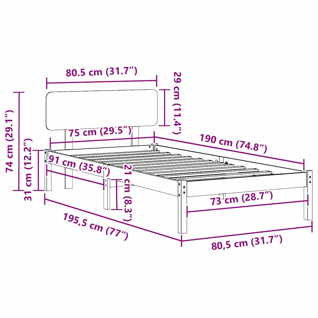 vidaXL Σκελετός Κρεβατιού με κεφαλάρι Λευκό 75 x 190 cm