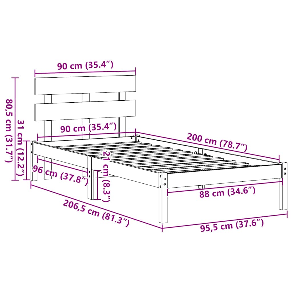 vidaXL Σκελετός Κρεβατιού Λευκό 90 x 200 cm Μασίφ ξύλο πεύκου