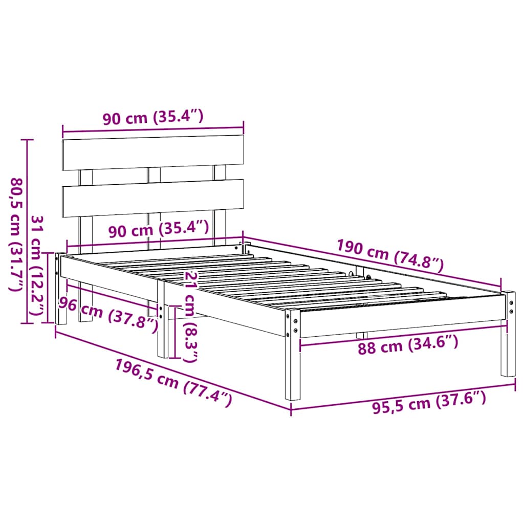 vidaXL Σκελετός Κρεβατιού Λευκό 90 x 190 cm Μασίφ ξύλο πεύκου