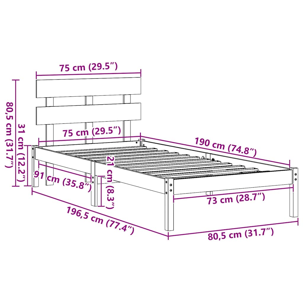 vidaXL Σκελετός Κρεβατιού Λευκό 75 x 190 cm Μασίφ ξύλο πεύκου