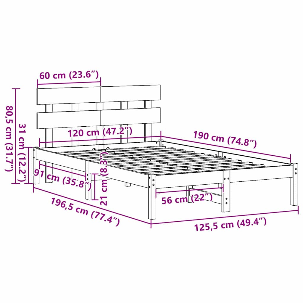 vidaXL Σκελετός Κρεβατιού Καφέ 120 x 190 cm Μασίφ ξύλο πεύκου