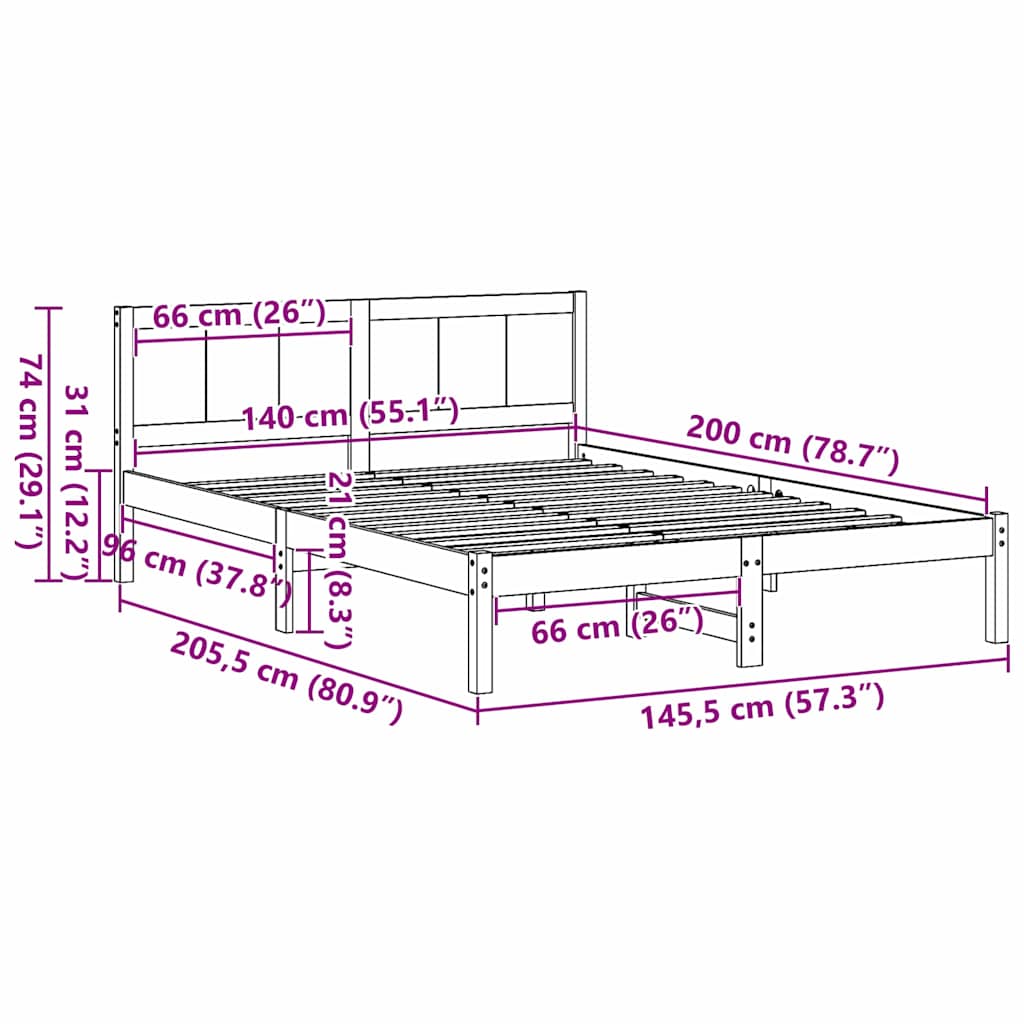 vidaXL Σκελετός Κρεβατιού Καφέ 140 x 200 cm Μασίφ ξύλο πεύκου