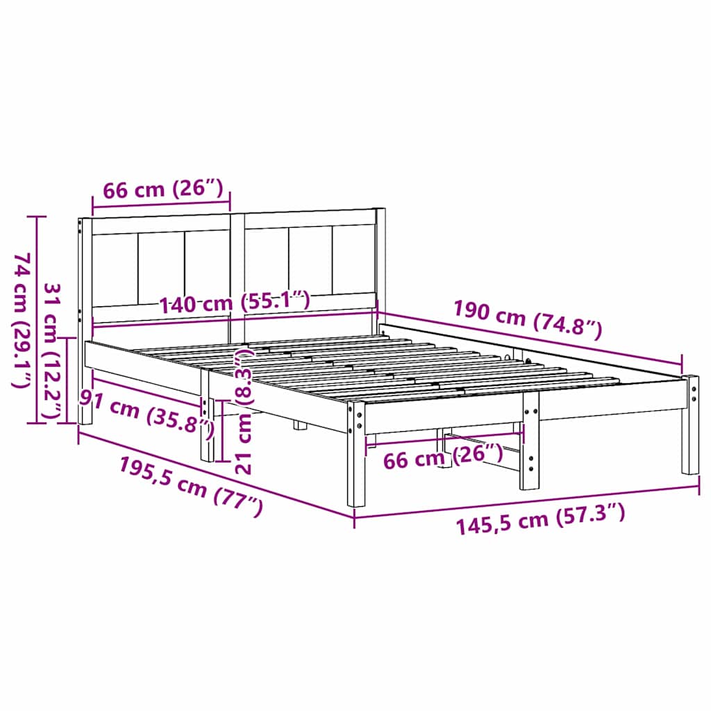vidaXL Σκελετός Κρεβατιού Λευκό 140 x 190 cm Μασίφ ξύλο πεύκου
