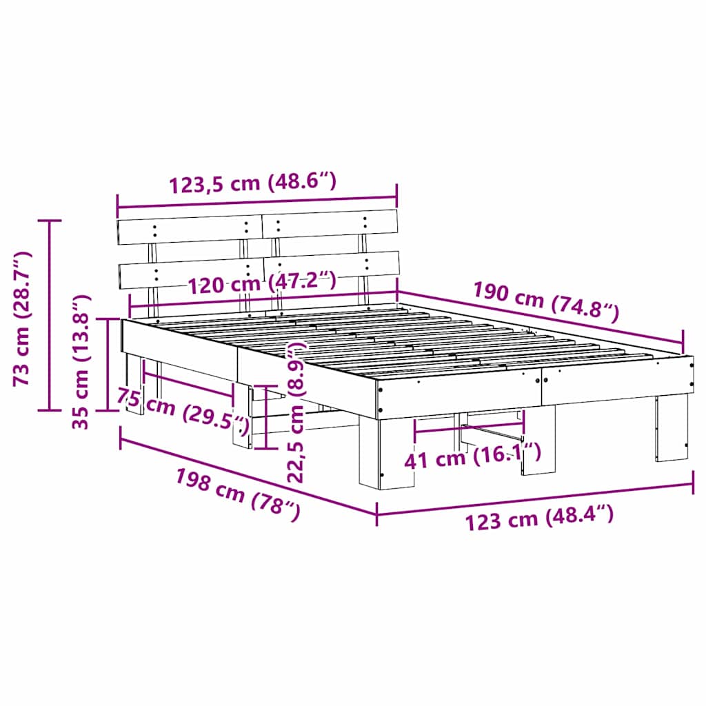 vidaXL Σκελετός Κρεβατιού με κεφαλάρι Καφέ 120 x 190 cm