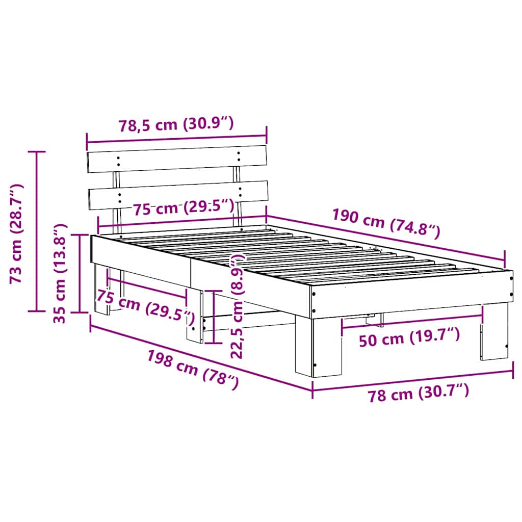 vidaXL Σκελετός Κρεβατιού Κερωτό καφέ 75 x 190 cm Στερεά ξυλεία πεύκου