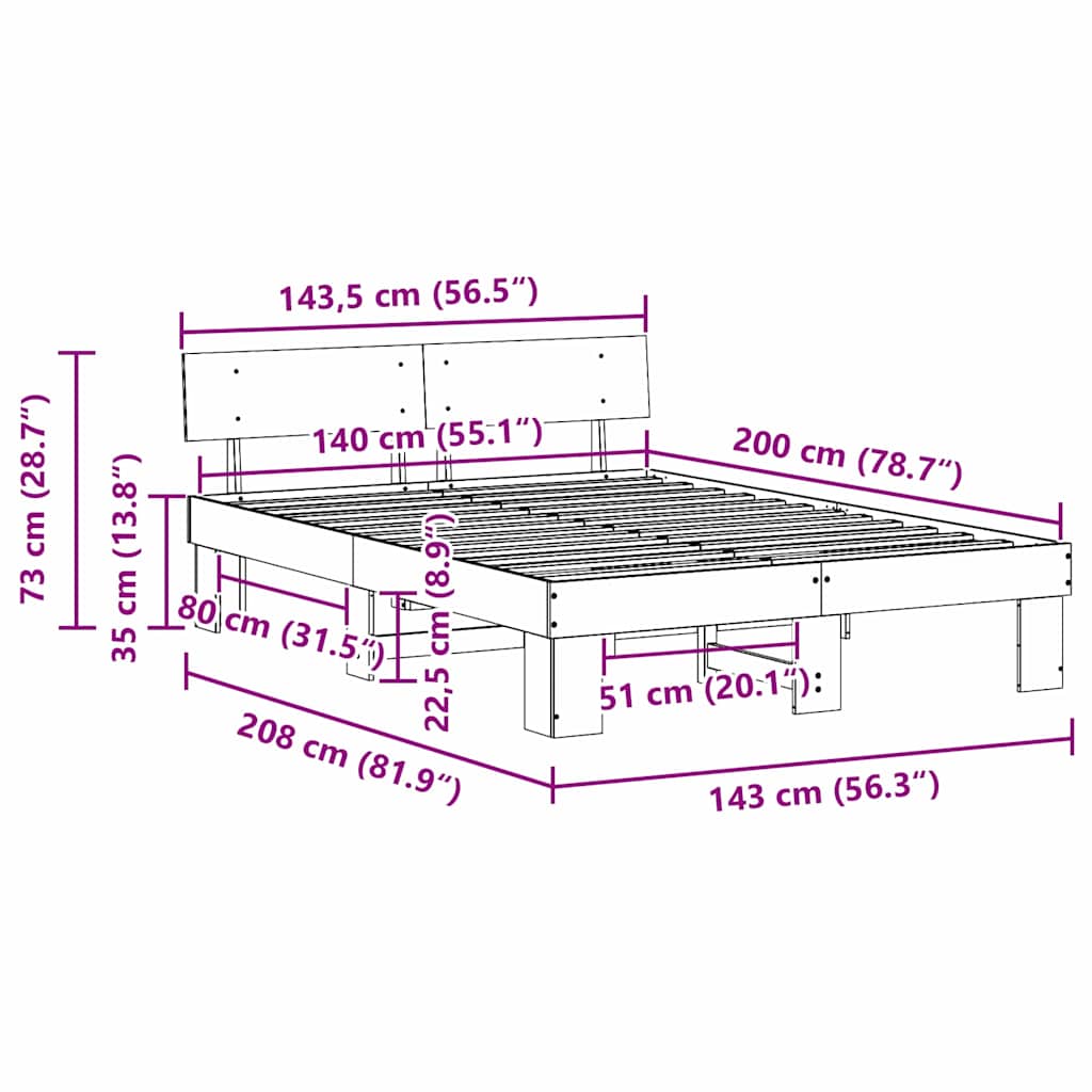 vidaXL Σκελετός Κρεβατιού Φυσικό 140 x 200 cm Στερεά ξυλεία πεύκου
