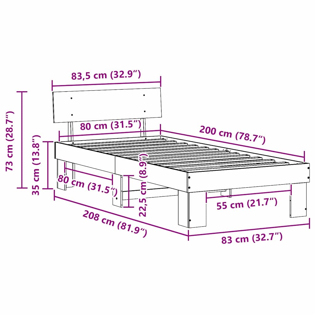 vidaXL Σκελετός Κρεβατιού Κερωτό καφέ 80 x 200 cm Στερεά ξυλεία πεύκου