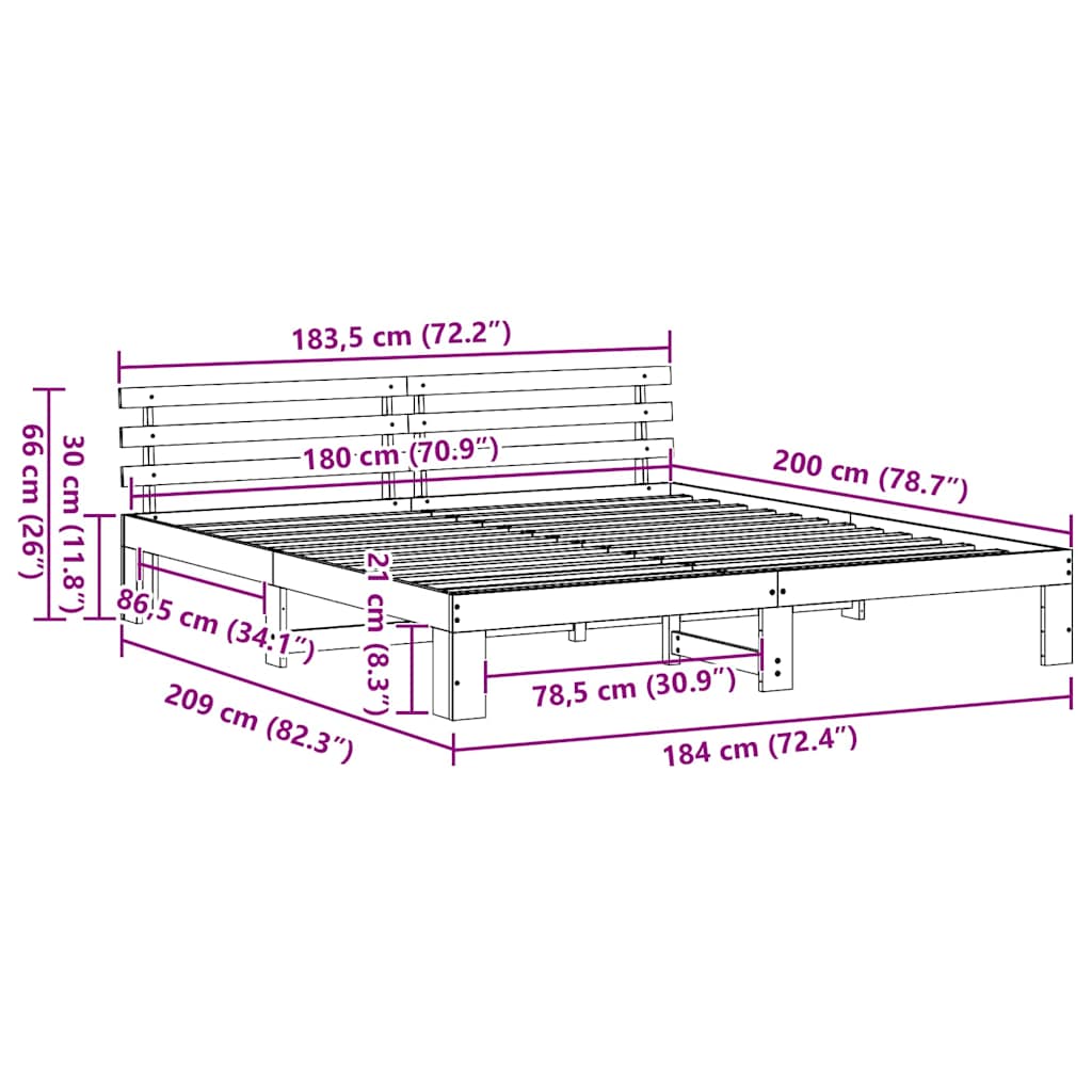 vidaXL Σκελετός Κρεβατιού Φυσικό 180 x 200 cm Στερεά ξυλεία πεύκου