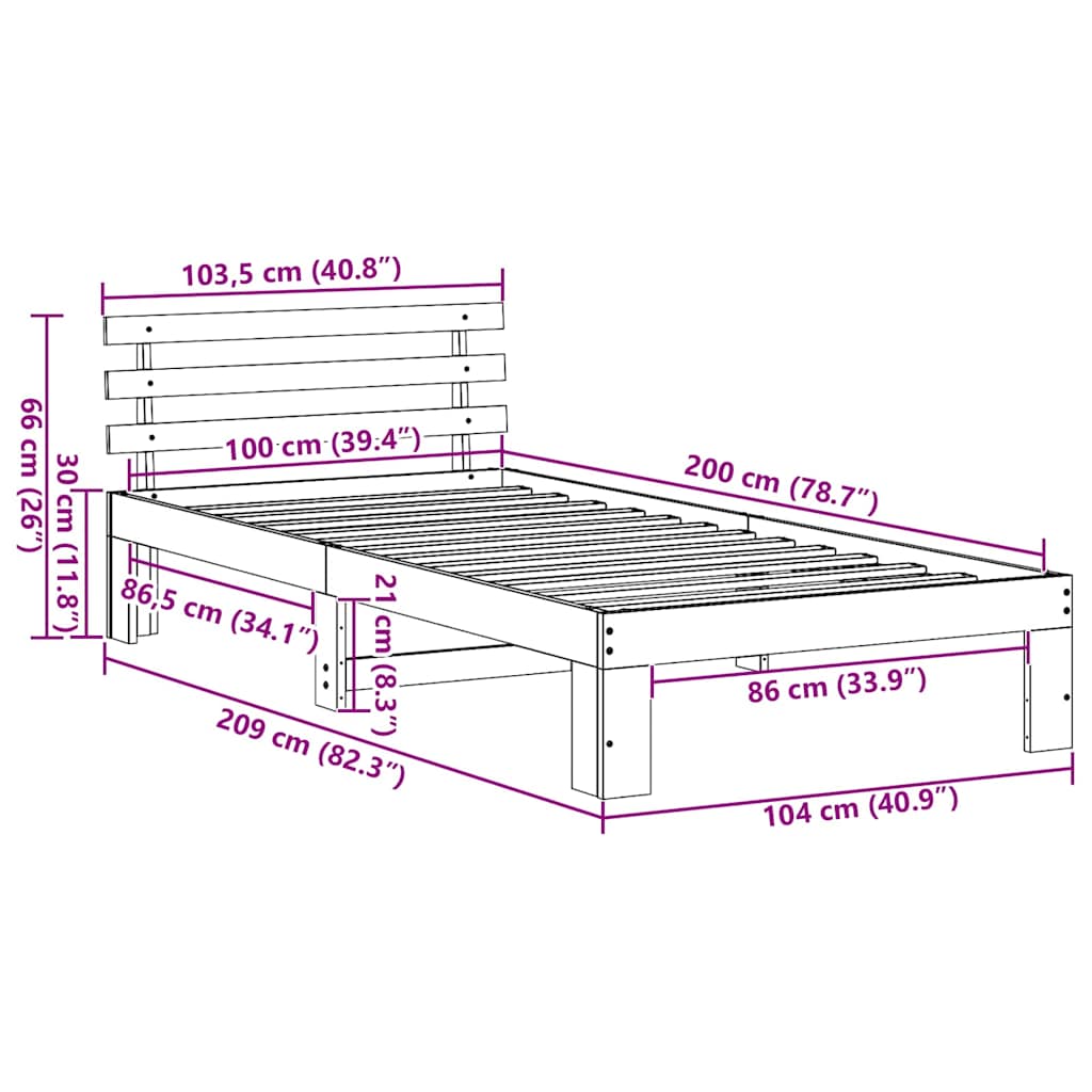 vidaXL Σκελετός Κρεβατιού Φυσικό 100 x 200 cm Στερεά ξυλεία πεύκου