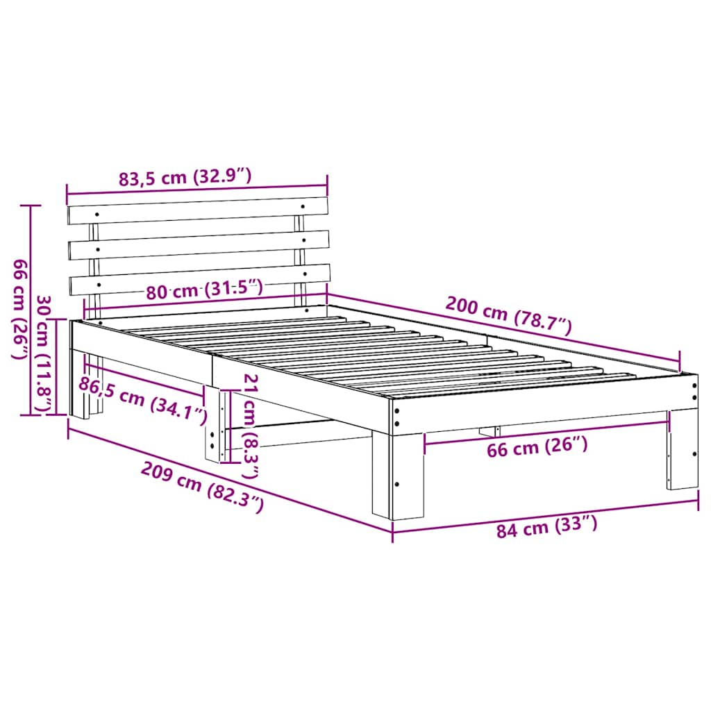 vidaXL Σκελετός Κρεβατιού Κερωτό καφέ 80 x 200 cm Στερεά ξυλεία πεύκου