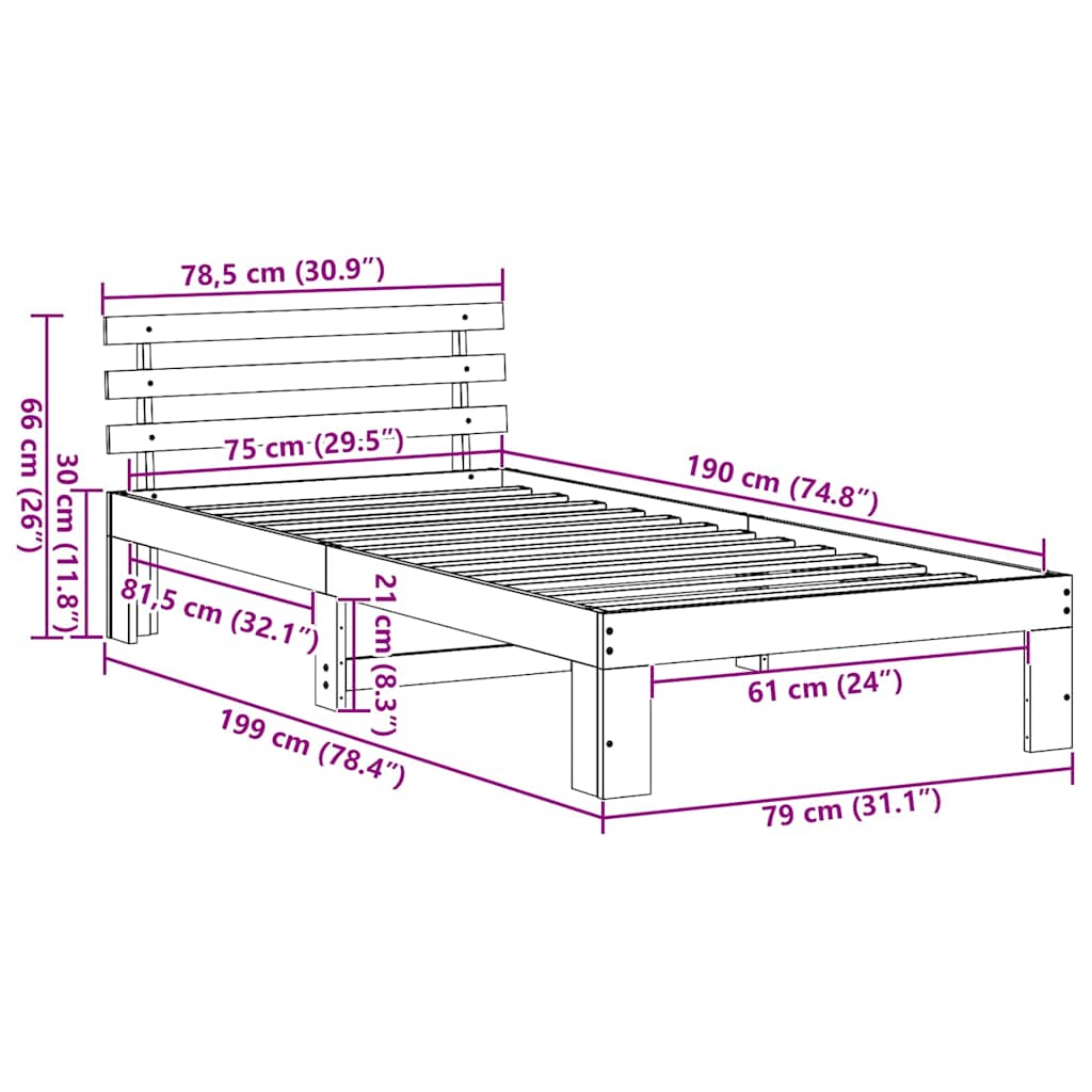 vidaXL Σκελετός Κρεβατιού Κερωτό καφέ 75 x 190 cm Στερεά ξυλεία πεύκου