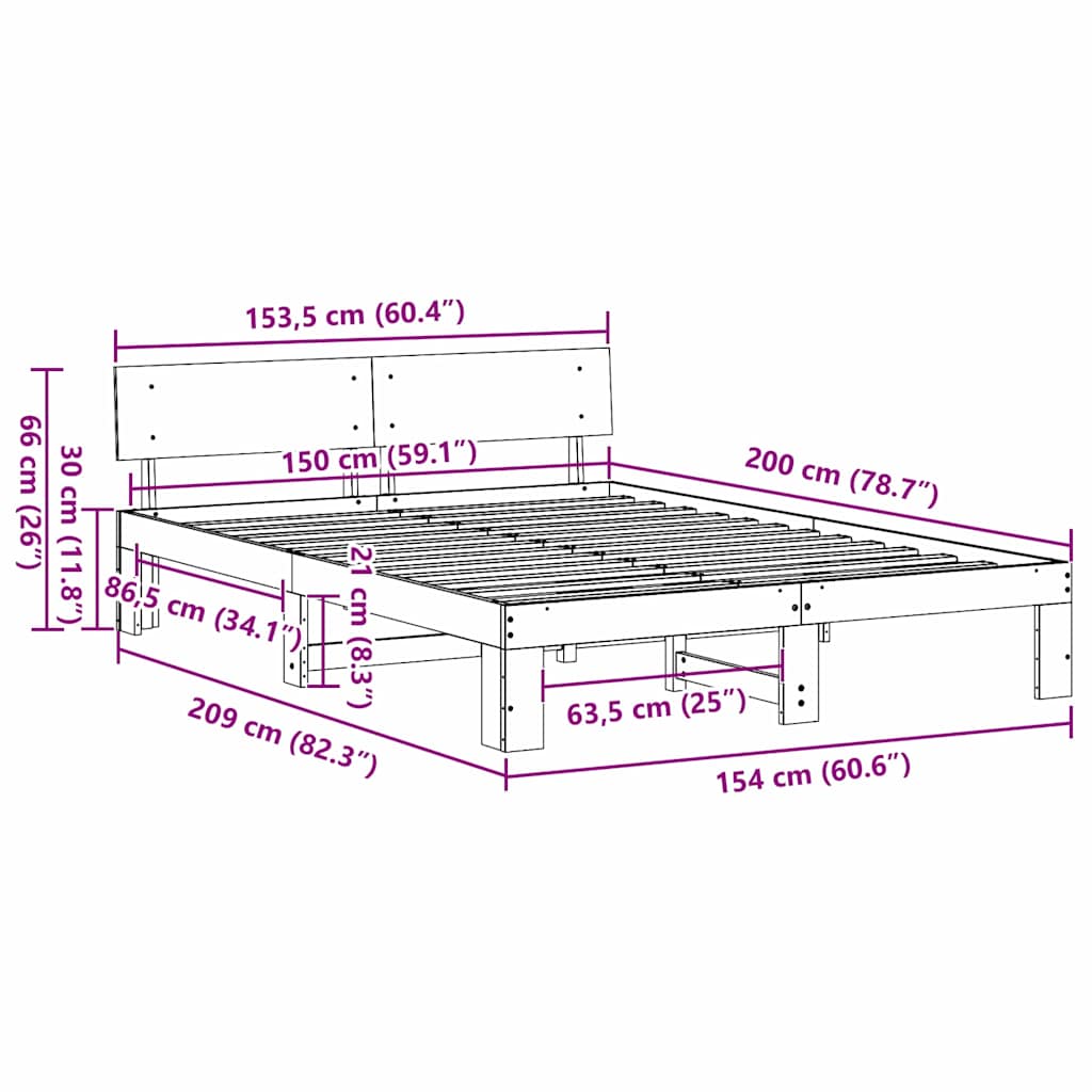 vidaXL Σκελετός Κρεβατιού Φυσικό 150 x 200 cm Στερεά ξυλεία πεύκου