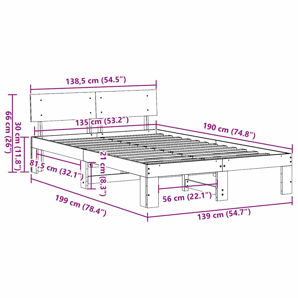 vidaXL Σκελετός Κρεβατιού Φυσικό 135 x 190 cm Στερεά ξυλεία πεύκου