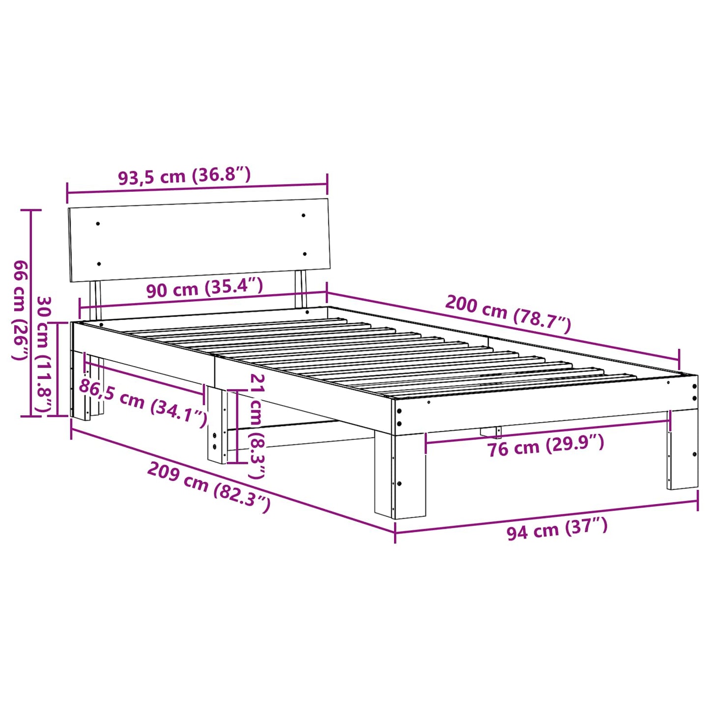 vidaXL Σκελετός Κρεβατιού Φυσικό 90 x 200 cm Στερεά ξυλεία πεύκου