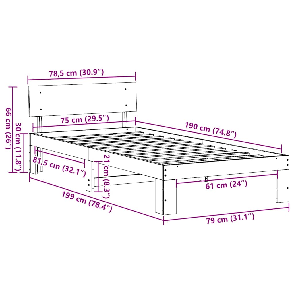 vidaXL Σκελετός Κρεβατιού Φυσικό 75 x 190 cm Στερεά ξυλεία πεύκου