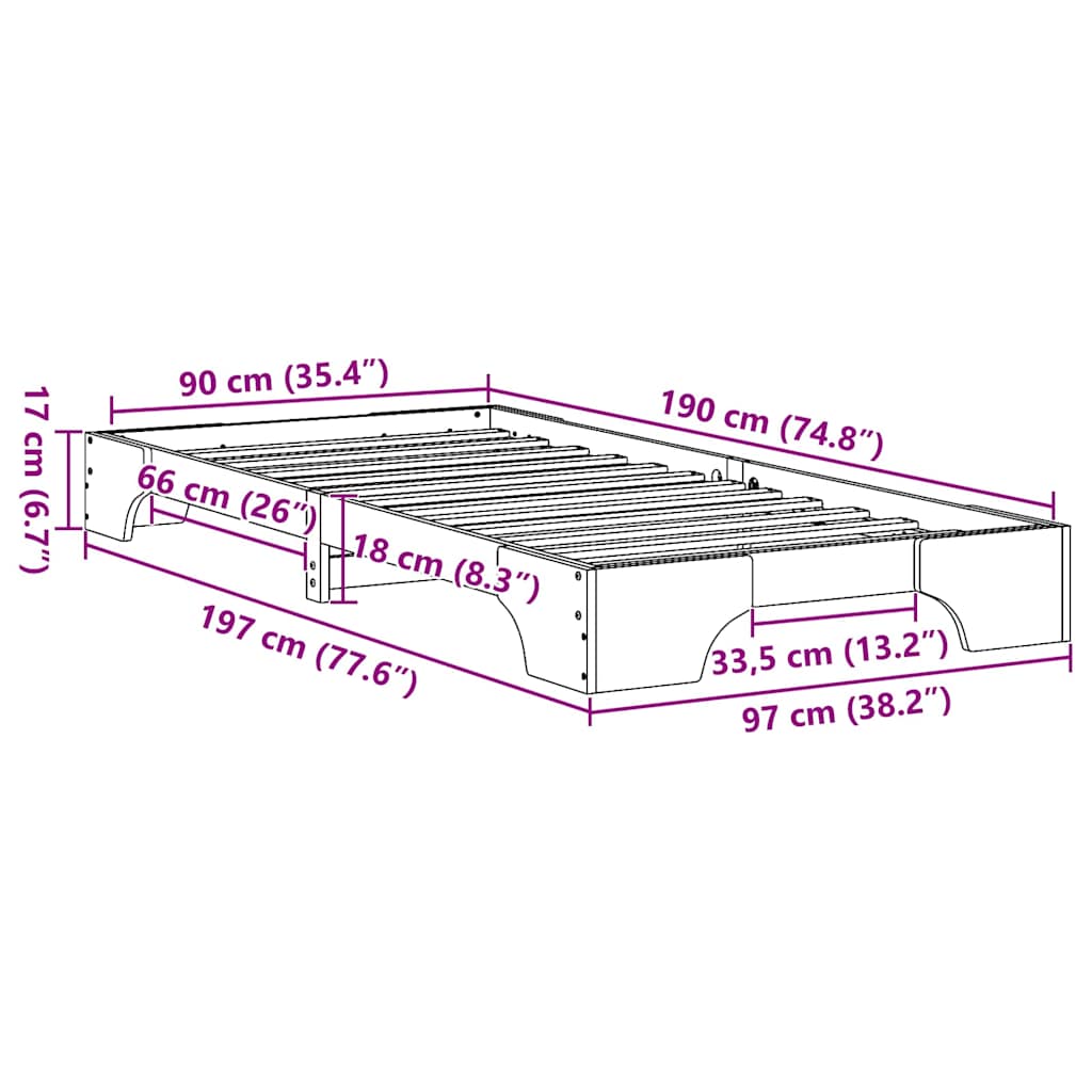 vidaXL Σκελετός Κρεβατιού Φυσικό 90 x 190 cm Στερεά ξυλεία πεύκου