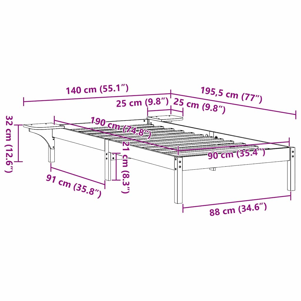 vidaXL Σκελετός Κρεβατιού Κερωτό καφέ 90 x 190 cm Στερεά ξυλεία πεύκου