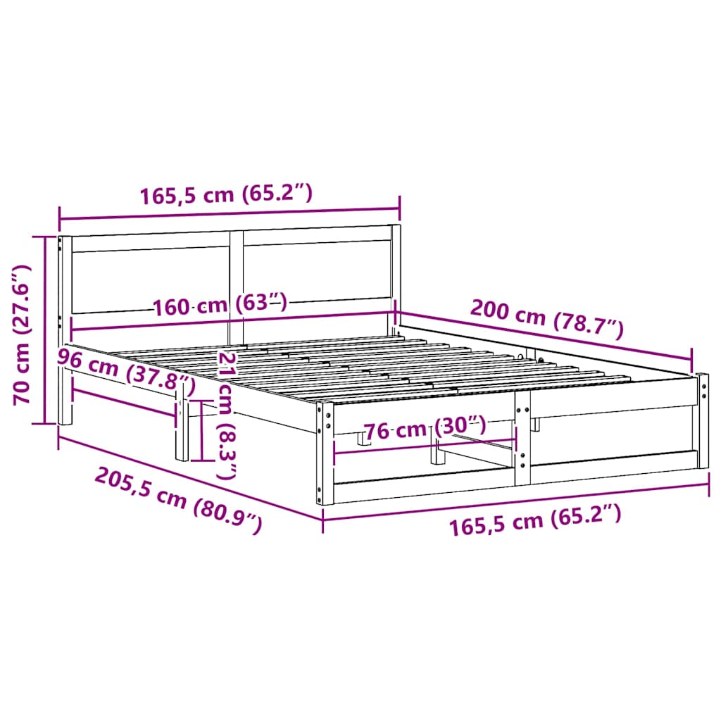 vidaXL Σκελετός Κρεβατιού Φυσικό 160 x 200 cm Στερεά ξυλεία πεύκου