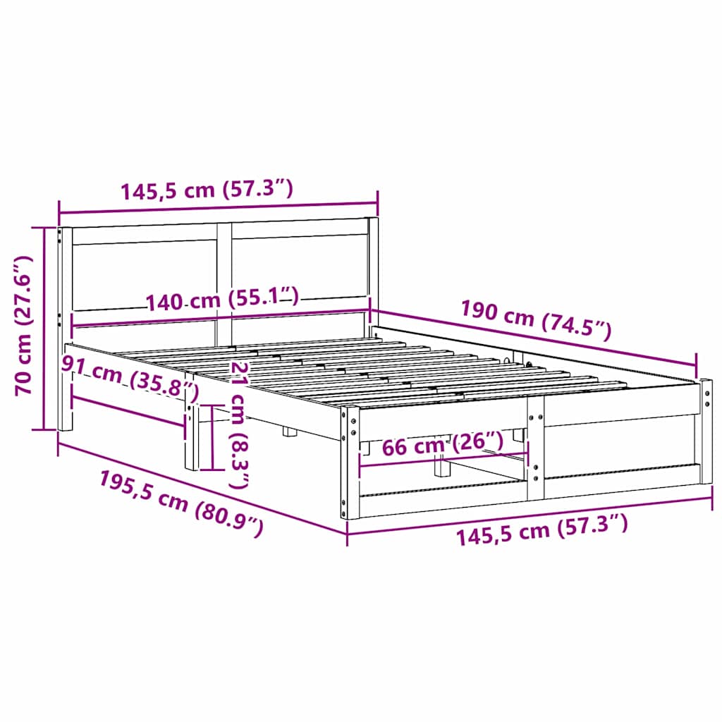 vidaXL Σκελετός Κρεβατιού Φυσικό 140 x 190 cm Στερεά ξυλεία πεύκου