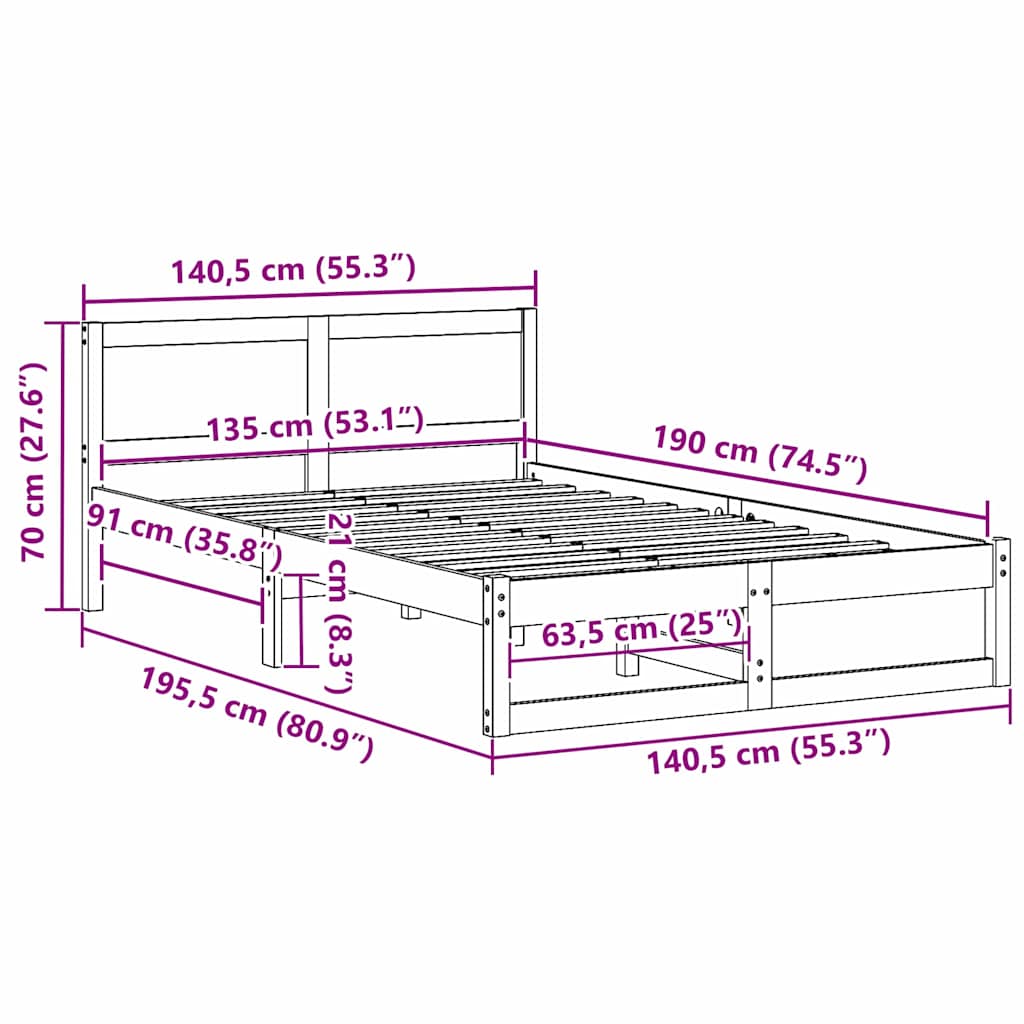 vidaXL Σκελετός Κρεβατιού Φυσικό 135 x 190 cm Στερεά ξυλεία πεύκου