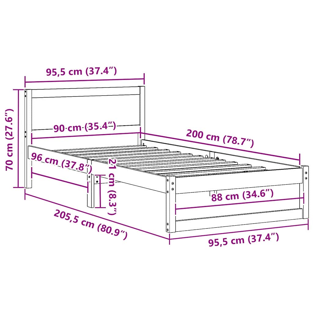 vidaXL Σκελετός Κρεβατιού Κερωτό καφέ 90 x 200 cm Στερεά ξυλεία πεύκου
