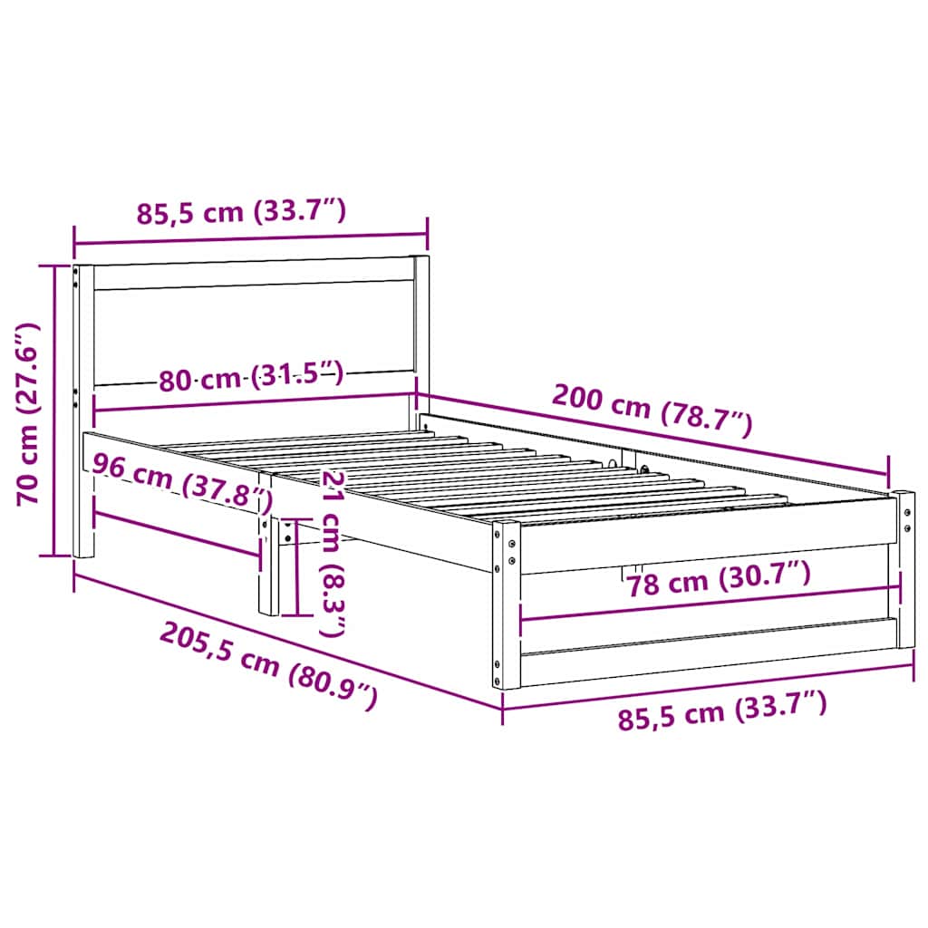 vidaXL Σκελετός Κρεβατιού Φυσικό 80 x 200 cm Στερεά ξυλεία πεύκου