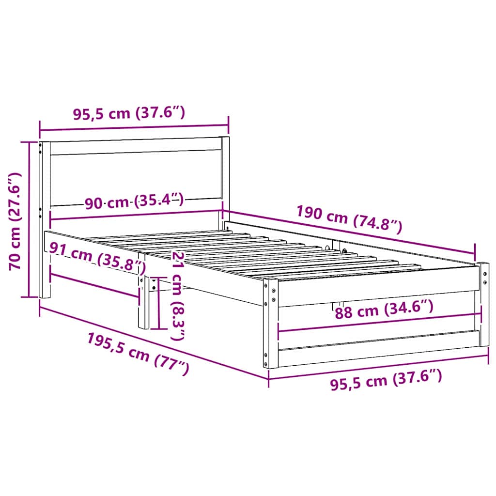 vidaXL Σκελετός Κρεβατιού Κερωτό καφέ 90 x 190 cm Στερεά ξυλεία πεύκου