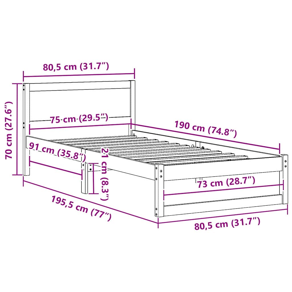 vidaXL Σκελετός Κρεβατιού Λευκό 75 x 190 cm Στερεά ξυλεία πεύκου