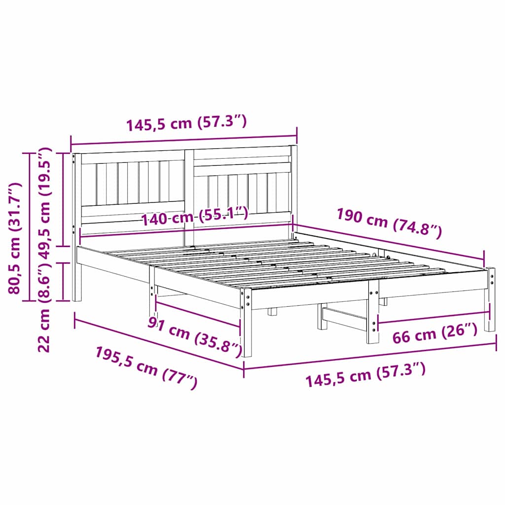 vidaXL Σκελετός Κρεβατιού Λευκό 140 x 190 cm Μασίφ ξύλο πεύκου