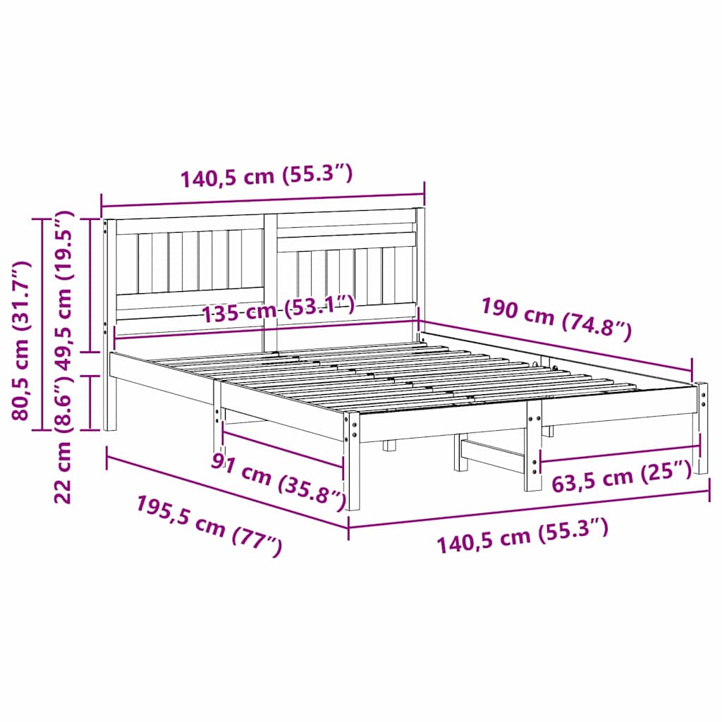 vidaXL Σκελετός Κρεβατιού Λευκό 135 x 190 cm Μασίφ ξύλο πεύκου