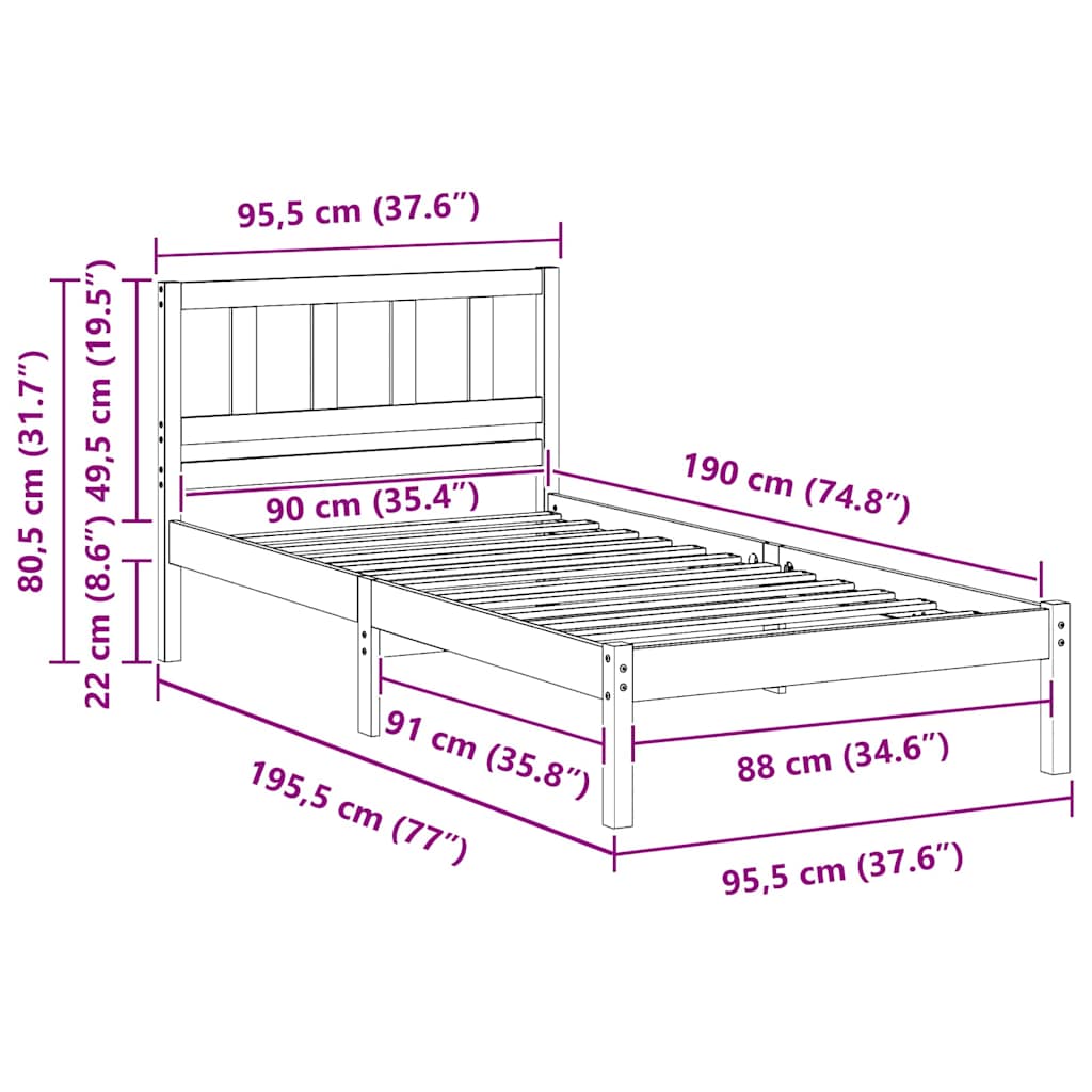 vidaXL Σκελετός Κρεβατιού Κερωτό καφέ 90 x 190 cm Στερεά ξυλεία πεύκου