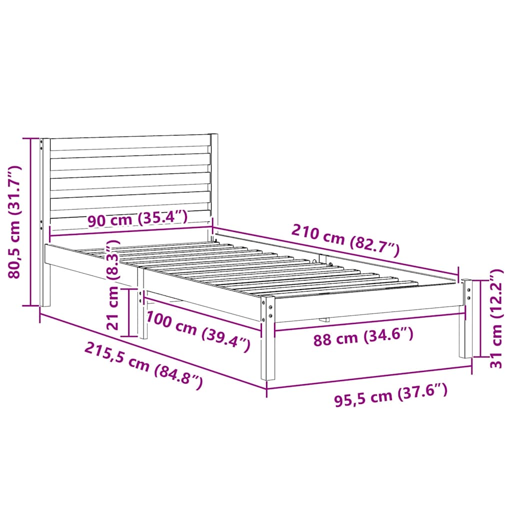 vidaXL Σκελετός Κρεβατιού Καφέ 90 x 210 cm Μασίφ ξύλο πεύκου