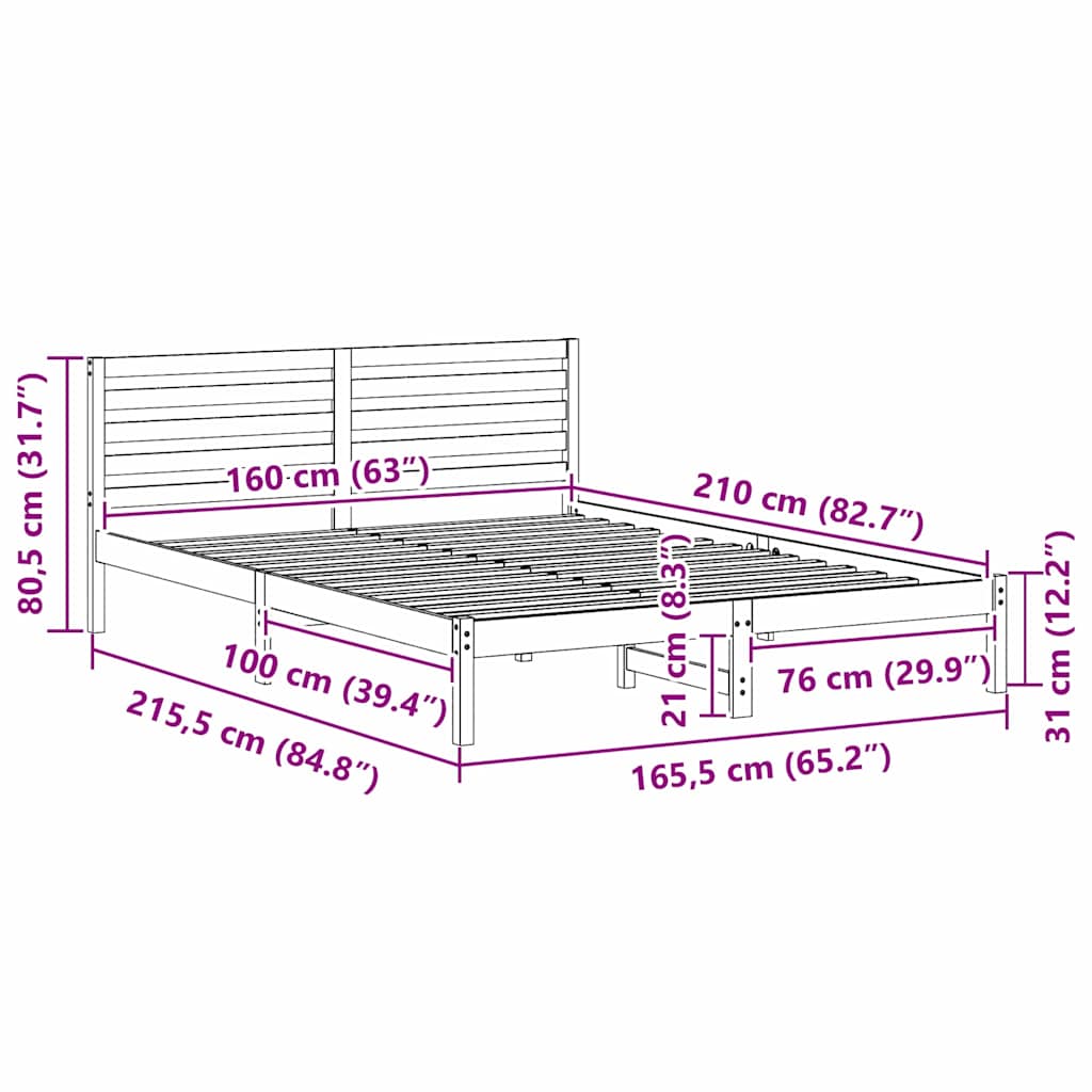 vidaXL Σκελετός Κρεβατιού Καφέ 160 x 210 cm Μασίφ ξύλο πεύκου