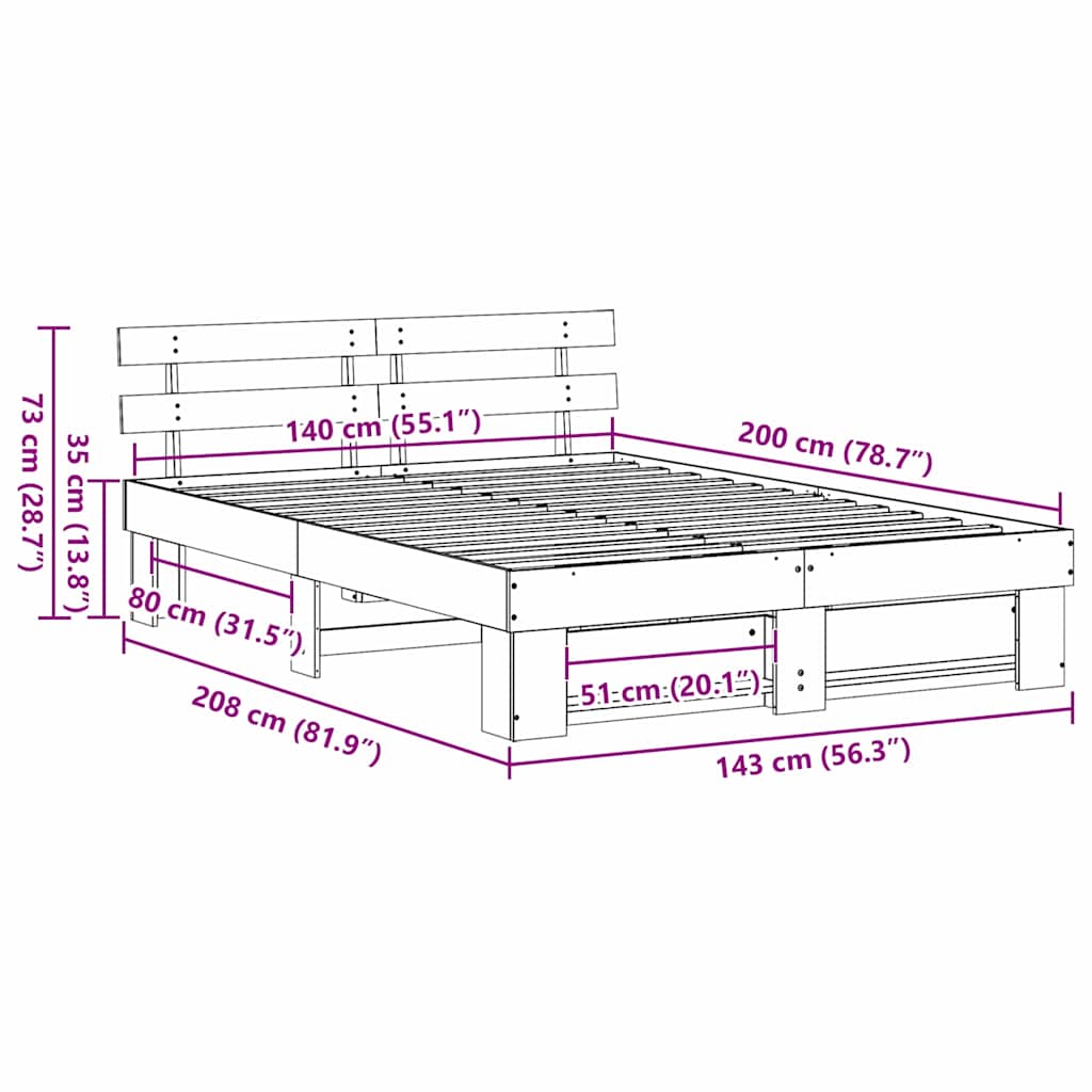 vidaXL Σκελετός Κρεβατιού Καφέ 140 x 200 cm Μασίφ ξύλο πεύκου