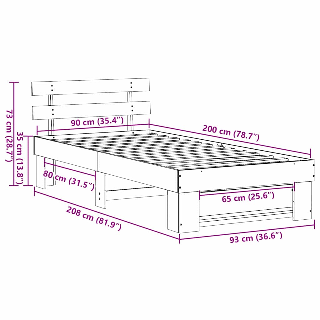 vidaXL Σκελετός Κρεβατιού Κερωτό καφέ 90 x 200 cm Στερεά ξυλεία πεύκου