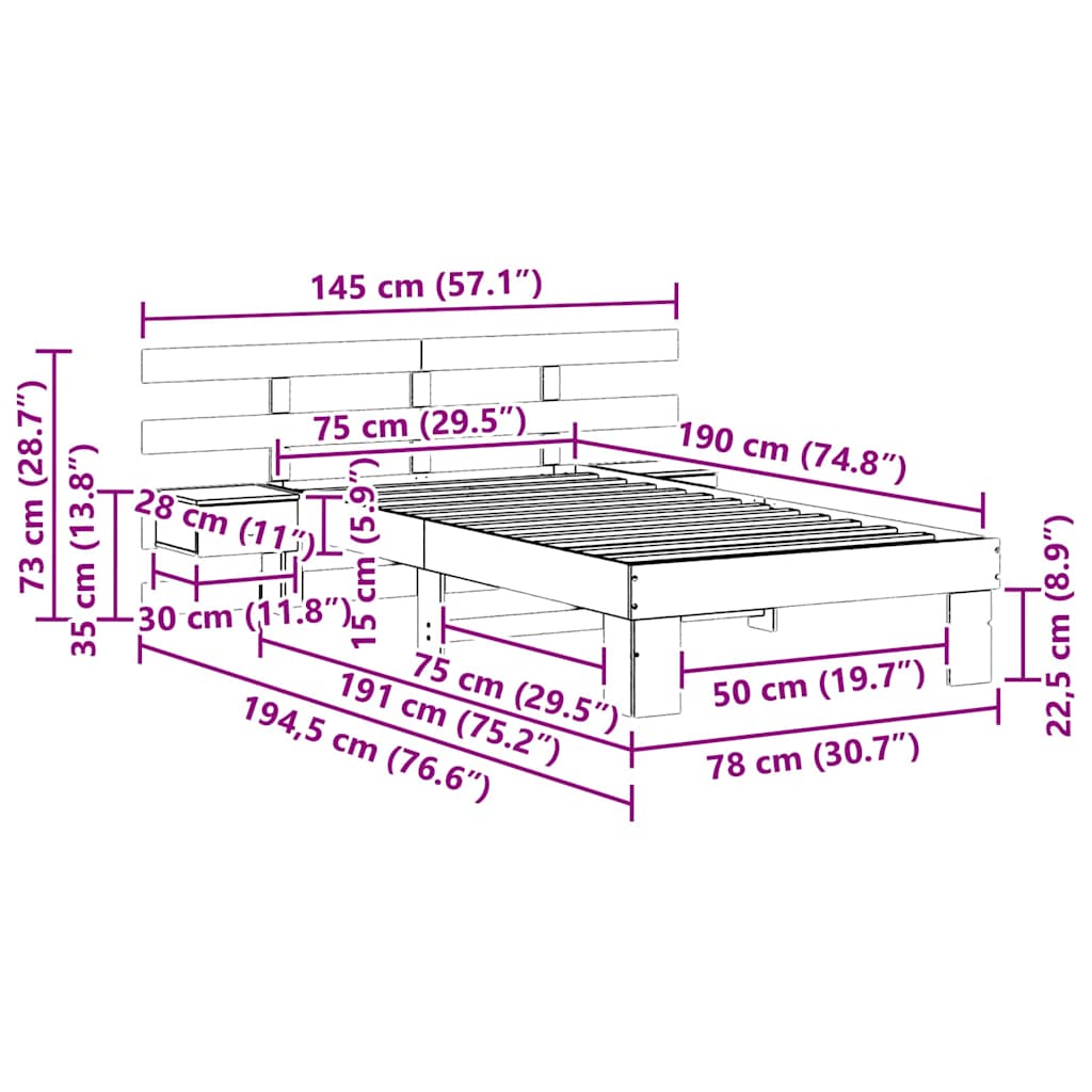 vidaXL Σκελετός Κρεβατιού Κερωτό καφέ 75 x 190 cm Στερεά ξυλεία πεύκου