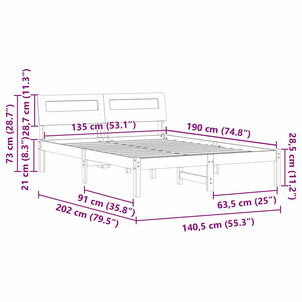 vidaXL Σκελετός Κρεβατιού Λευκό 135 x 190 cm Στερεά ξυλεία πεύκου